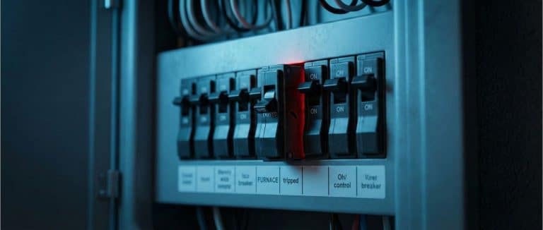 A close-up view of a residential electrical panel with the breaker labeled "FURNACE" visibly tripped and glowing red.