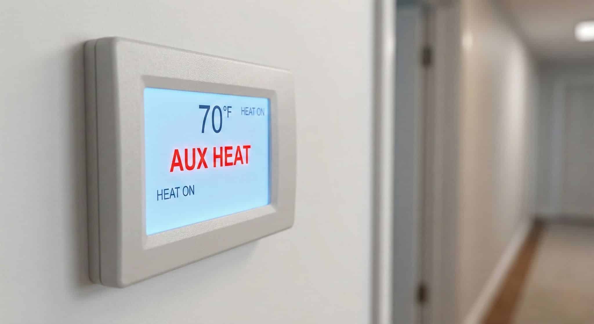 Digital thermostat on a wall displaying a bright red AUX HEAT warning light.